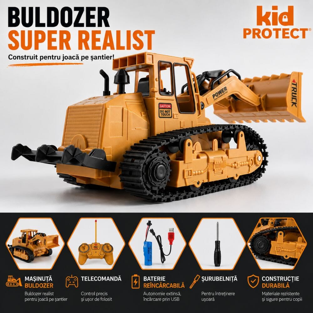 Buldozer Super Realist Cu Telecomanda Pentru Copii KidProtect